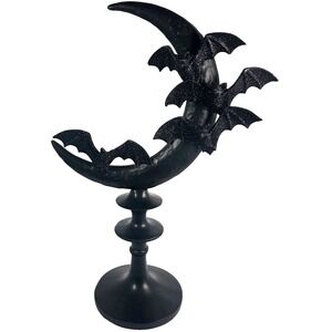 Spooky Night Bat Crescent Moon Figurine 17.5 Inch Black Glitter Halloween‎ Decor